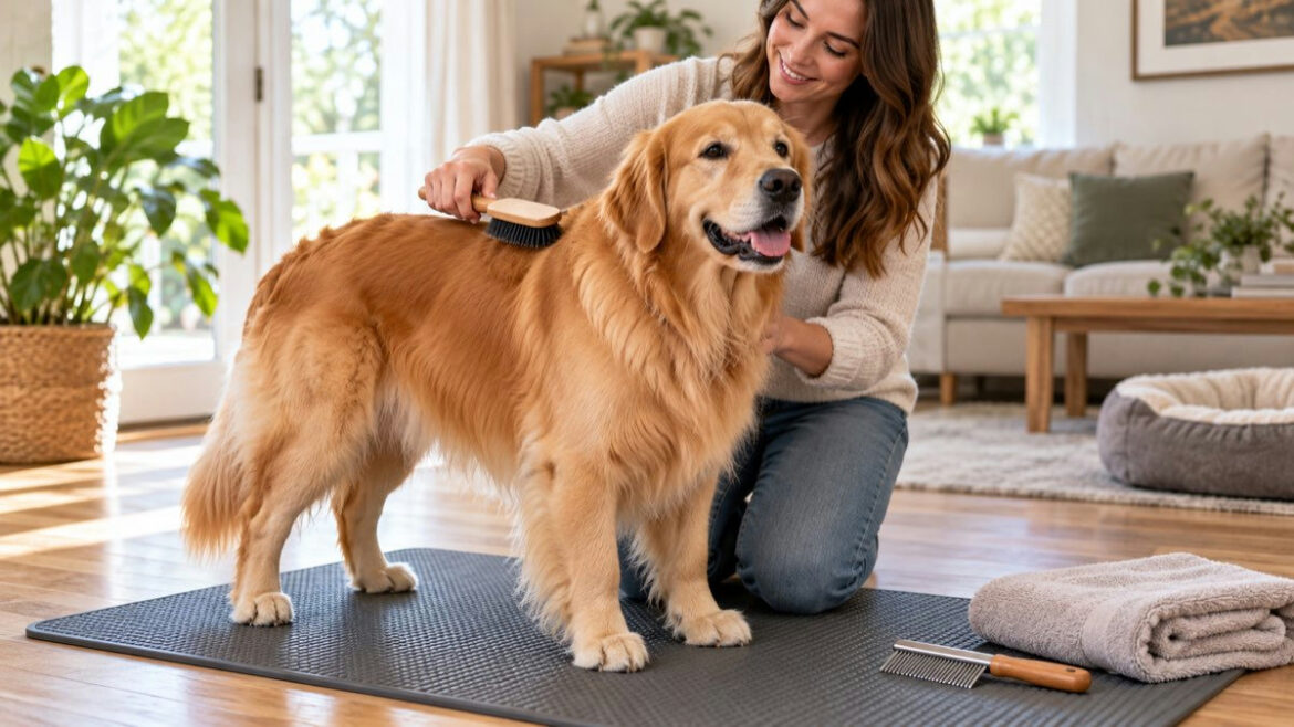 Grooming a retriever at home with a gentle brush on a non-slip mat