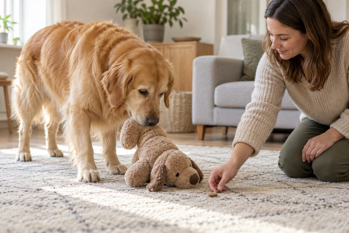 Retriever Drop Cue practice offering a fair trade beside a large soft toy
