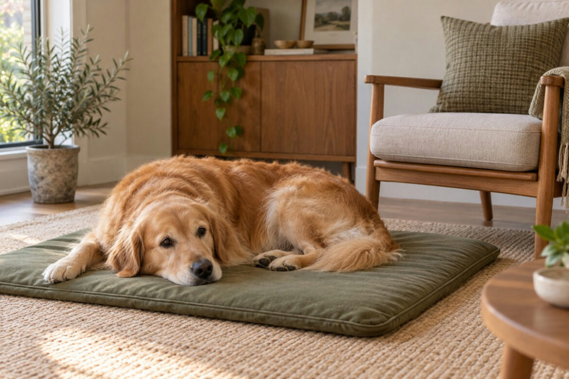 Retriever Settle Mat with a Golden Retriever resting beside a chair